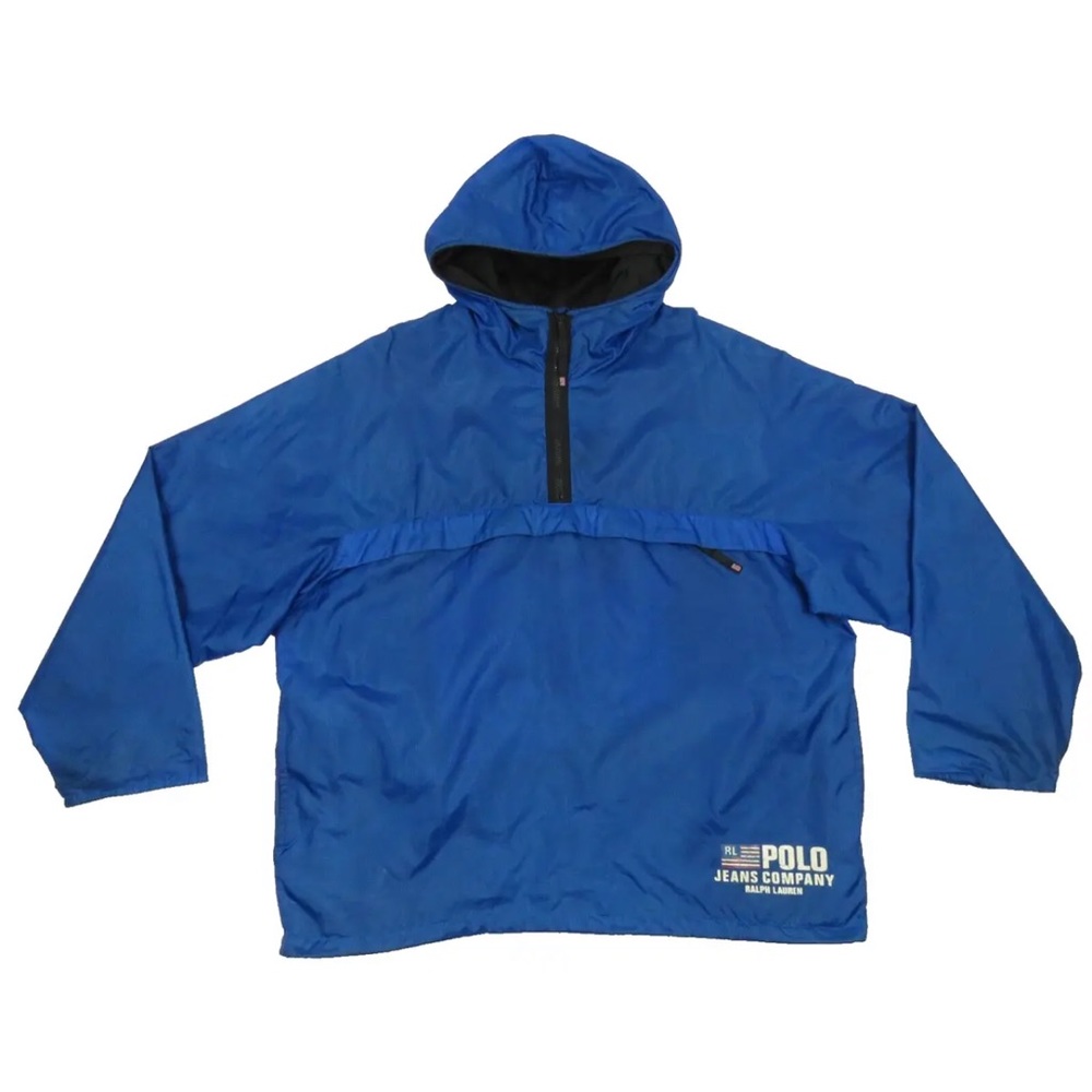 Vintage Ralph Lauren Polo Jeans Blue Mens Hooded 1/4 Zip Windbreaker Jacket XL